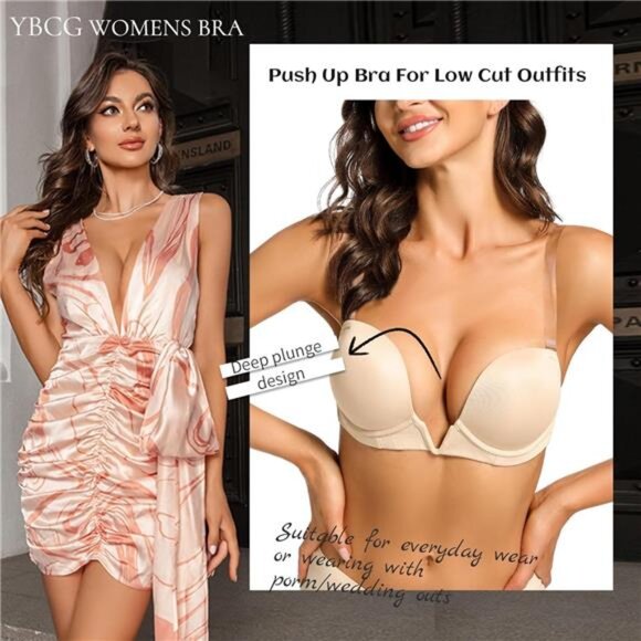 NEW - Plunge Bra with Clear Back Straps Backless Deep V Convertible Push up - Picture 2 of 8